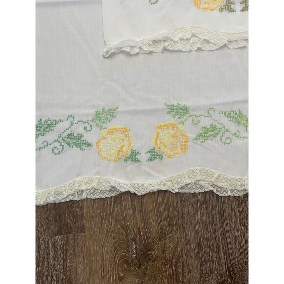 Vintage Embroidery Stitch Yellow Rose Lace Standard Pillow Cases Set Pair Cotton - Picture 6 of 8